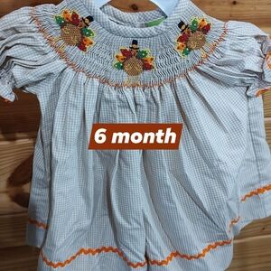 Smocked Turkey Embroidered Kids Top - Gray